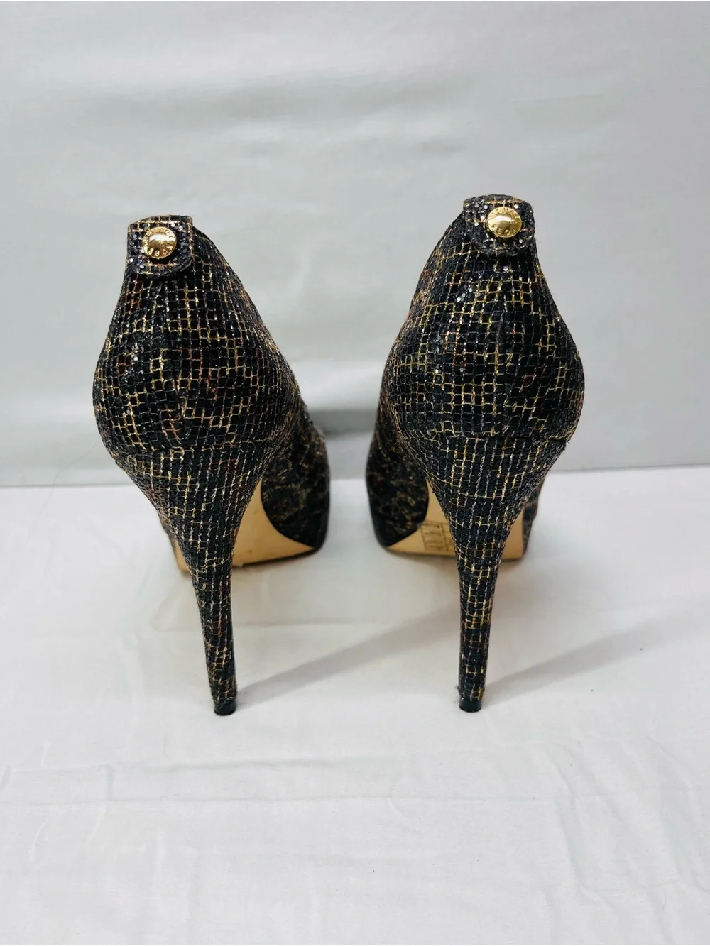 MICHAEL Michael Kors Black and Gold Textured Peep-Toe Heels
